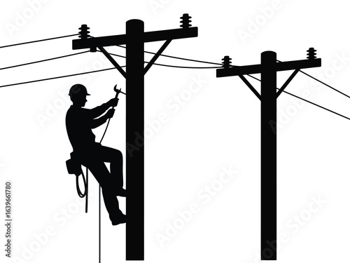 Lineman working on power lines against a white background