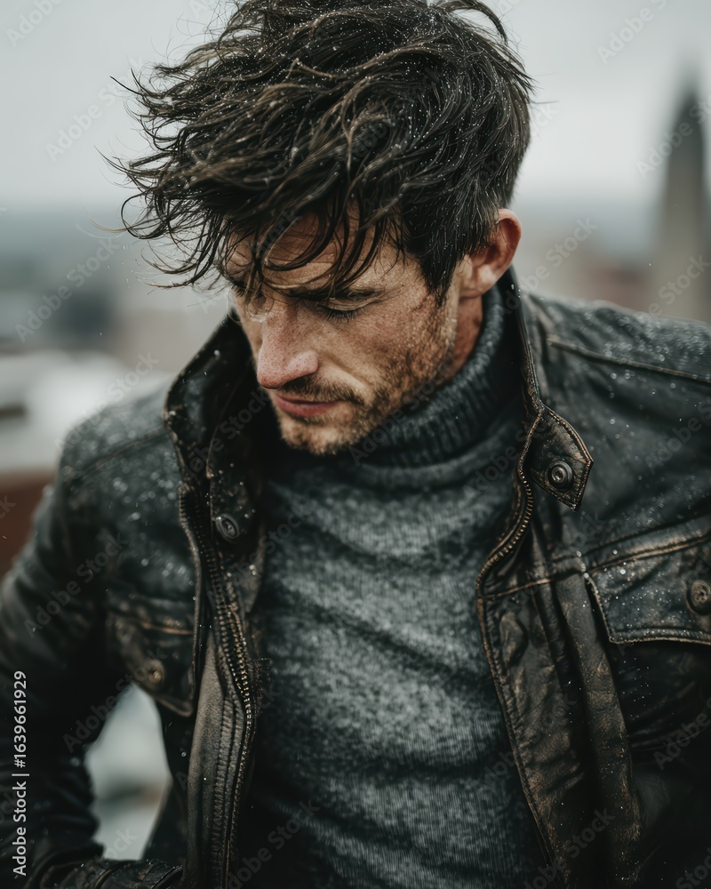 Obraz premium Stylish man with tousled hair in winter leather jacket outdoors