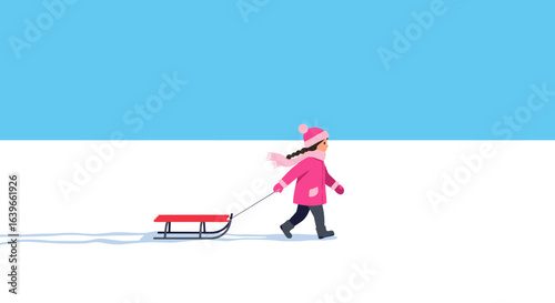 Child pulling sleigh on snowy landscape winter adventure digital illustration bright blue sky. Vector illustration