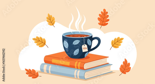 Cozy Autumn Afternoon Reading with a Warm Cup of Herbal Tea Surrounded by Falling Leaves and Soft Clouds