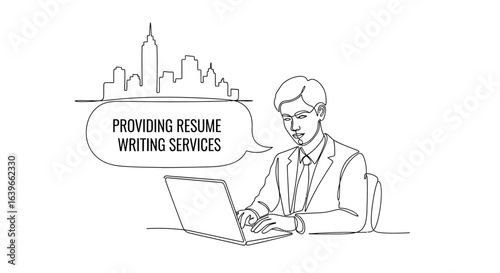 Resume Writing Services: A vector illustration portrays a person focused on providing resume writing services, the city skyline looms in the background, symbolizing the aspirations of job seekers.