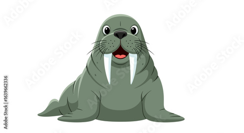 A delightful cartoon illustration of a happy walrus with large tusks and a friendly open mouth showing its teeth and pink tongue sitting on a white background in a relaxed pose with its flippers sprea