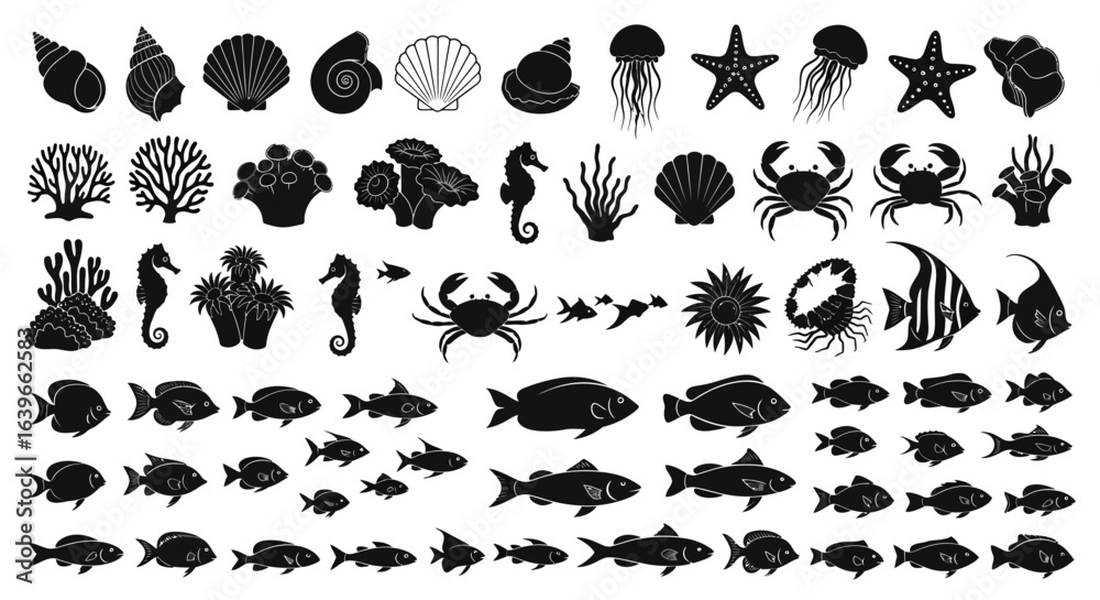 Naklejka premium Collection of Silhouetted Marine Life and Ocean Flora Including Shells Corals Starfish Jellyfish Seahorses Crabs and Diverse Fish Species Representing the Richness of the Underwater World