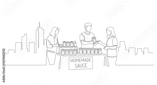 Artisan Market: A line drawing captures the essence of a local market, showcasing vendors presenting handmade sauce, set against a backdrop of a cityscape, offering an elegant minimalist visual.