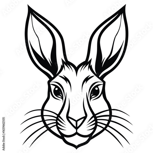 Vector art of black and white illustration of a rabbits head, isolated on white background