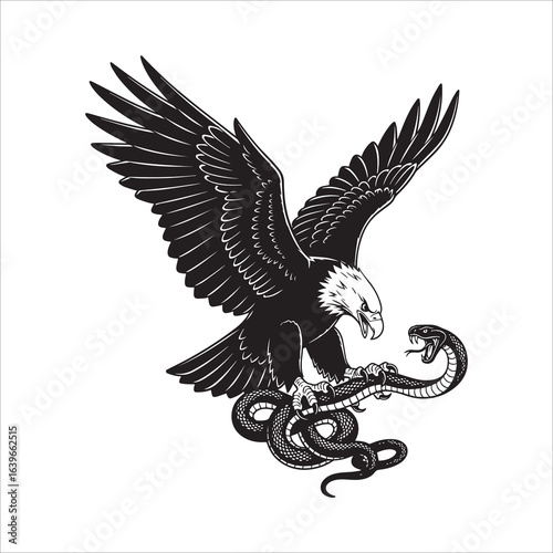 Vector art of eagle attacking snake isolated on white background, a symbol of power