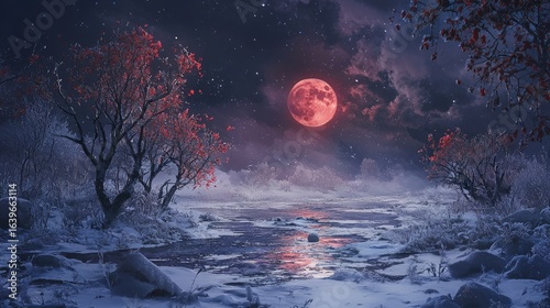 A winter landscape illuminated by a crimson moon.