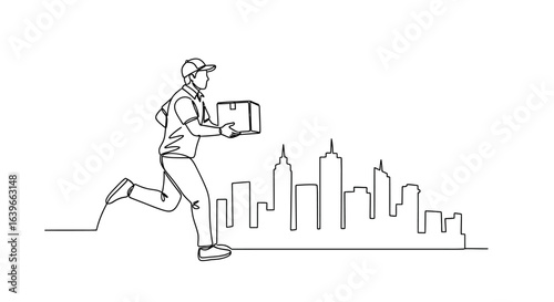 Delivery Rush: A dynamic line art illustration captures a delivery courier sprinting through a city, efficiently carrying a package and highlighting the pace of modern commerce.