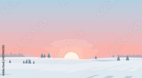Sunrise over a snowy landscape winter wonderland digital art tranquil environment serene viewpoint. Vector illustration