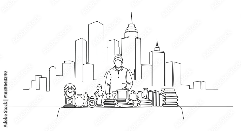 Obraz premium City Vendor with Skyline Backdrop: This intricate artwork, featuring a vendor's stall against a detailed cityscape skyline, encapsulates the urban marketplace scene.