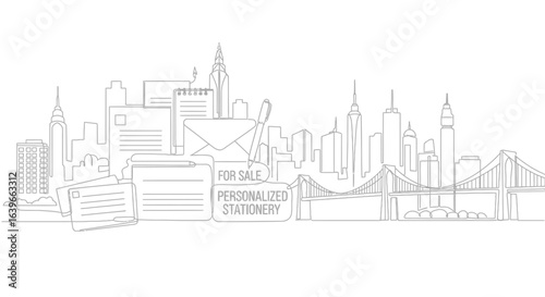 New York Skyline Stationery: An intricate, continuous line illustration portrays the iconic New York City skyline intertwined with stationery elements.
