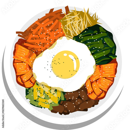 Vibrant vector illustration of a traditional Korean Bibimbap bowl, a healthy meal with fried egg, seasoned vegetables, and meat, viewed from above.
