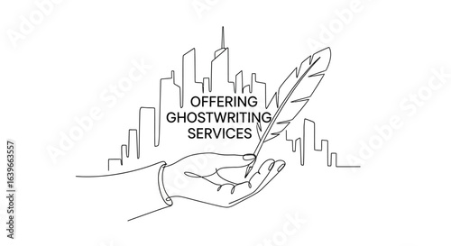 Ghostwriting Service Offering: A hand delicately cradles a quill, the graceful lines of a cityscape rising behind, symbolizing professional ghostwriting services.