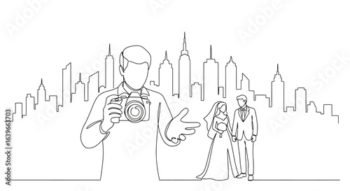 Wedding Photography Sketch: A captivating sketch depicting a photographer capturing a memorable wedding scene with the city skyline as a beautiful backdrop.
