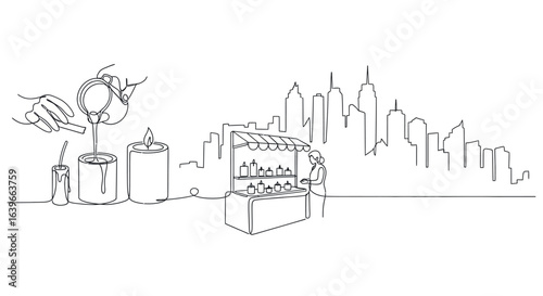 Candle Craft and City Skyline: A continuous line illustration showcases the meticulous process of candle making, set against a backdrop of a vibrant city skyline.