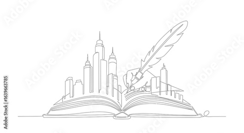 The City of Imagination: The image shows the skyline of an imaginary city is created on a book page, symbolizing the process of imagination and creation.