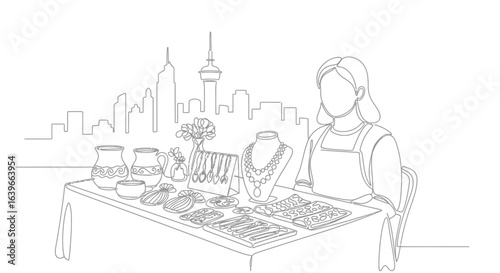 Jewelry Seller by the Skyline: A charming outline illustration presents a jewelry seller at a stall with various ornaments, necklaces, and bracelets in a city scene.