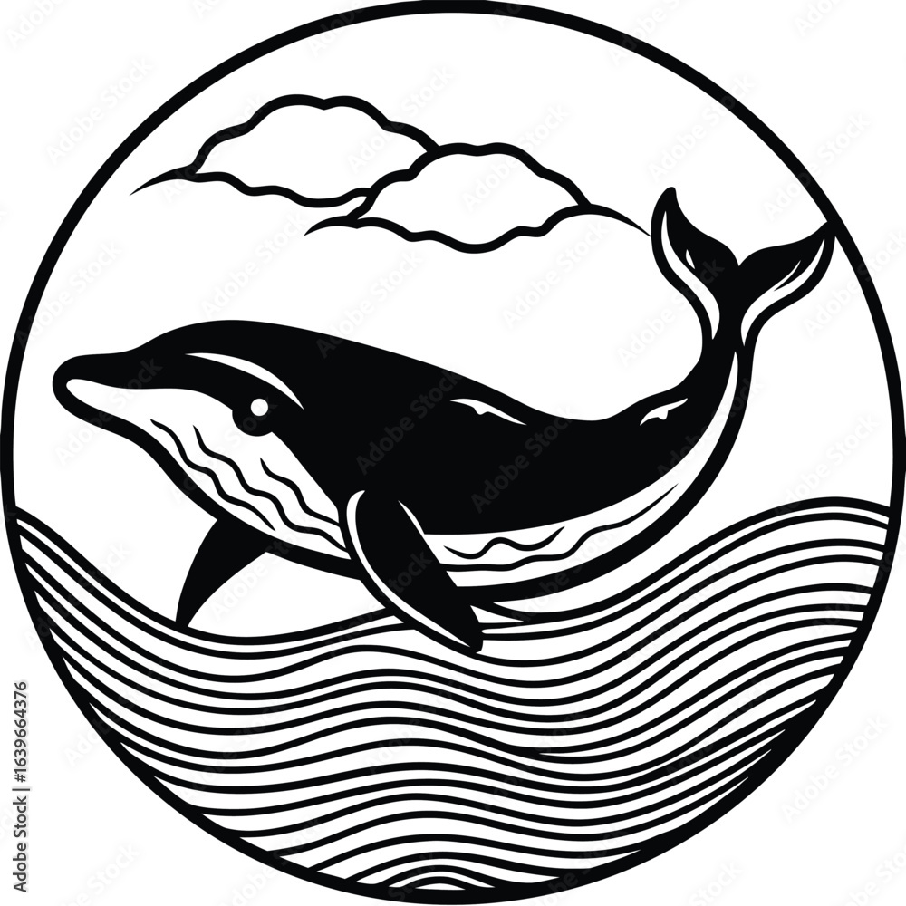 Fototapeta premium Vector art of dolphin swimming through ocean waves under clouds in a circular graphic