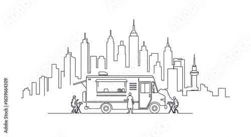 Urban Culinary Canvas: A sleek food truck, parked against a simplified cityscape, offering a delightful culinary experience, with clean lines and modern aesthetic.
