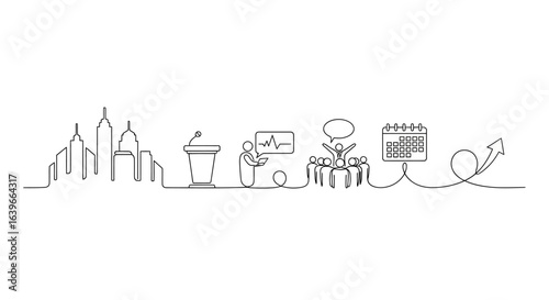 Linear Cityscape of Business and Innovation: A continuous line drawing depicting an urban skyline and elements of business, including public speaking, data analysis, collaborative brainstorming.