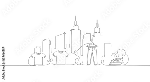 Cityscape Laundry Day: Minimalist line art depicts laundry symbols amid the city's skyline, symbolizing the intersection of urban life and daily chores.