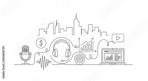 Digital Audio & Cityscape: This minimalistic illustration showcases a modern skyline as a backdrop, with interconnected elements such as a microphone, headphone, wave, statistic chart.