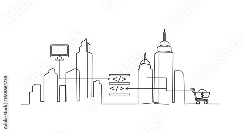 Digital Cityscape: A sleek, minimalist line drawing depicts the modern city skyline seamlessly integrated with e-commerce transactions. The image conveys the essence of technological advancement.