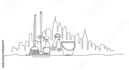City Cleaning: A one-line art illustration showing various cleaning tools arranged in front of a city skyline, representing urban cleanliness and sanitation.
