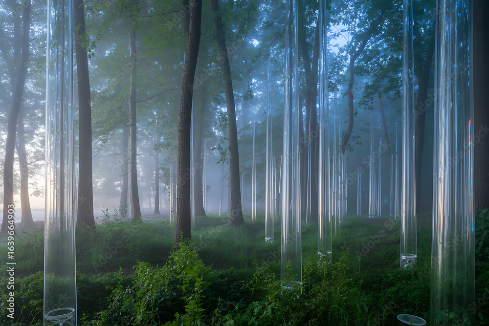 Obraz premium Photo of mystical forest landscape with fog and light, creating a serene and peaceful atmosphere, perfect for meditation and reflection