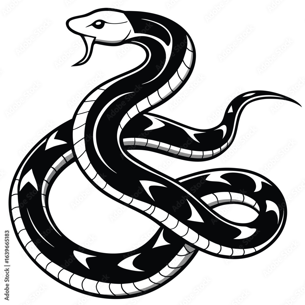 Fototapeta premium Vector art of stylized black and white illustration of a coiled snake, isolated on white background