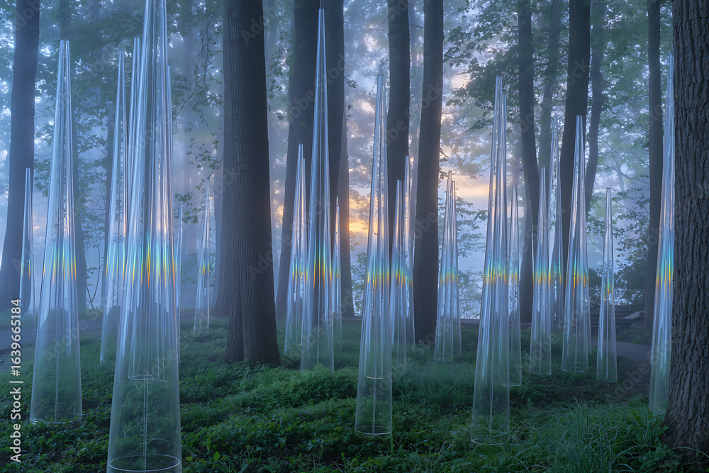 Obraz premium Photo of enchanting forest with ethereal light filtering through the trees, creating a magical and dreamy atmosphere in a serene and peaceful natural setting