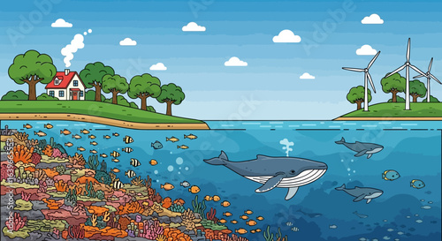 Three majestic whales swim gracefully through a vibrant coral reef teeming with diverse marine life beneath a clear blue sky with fluffy white clouds and distant islands showcasing lush greenery and s