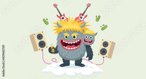 Furry Multi-Headed Monster Rock Star Holding a Microphone with Guitars and Speakers on a Cloud