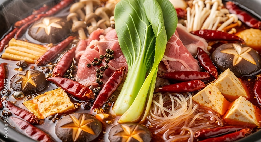 Fototapeta premium Close up of hot pot with beef bok choy mushrooms and tofu in broth food cuisine