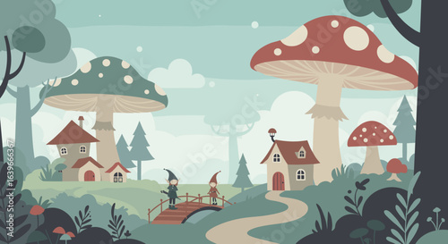 Enchanted forest adventure fantasy land digital illustration whimsical setting wide angle imagination unleashed. Vector illustration