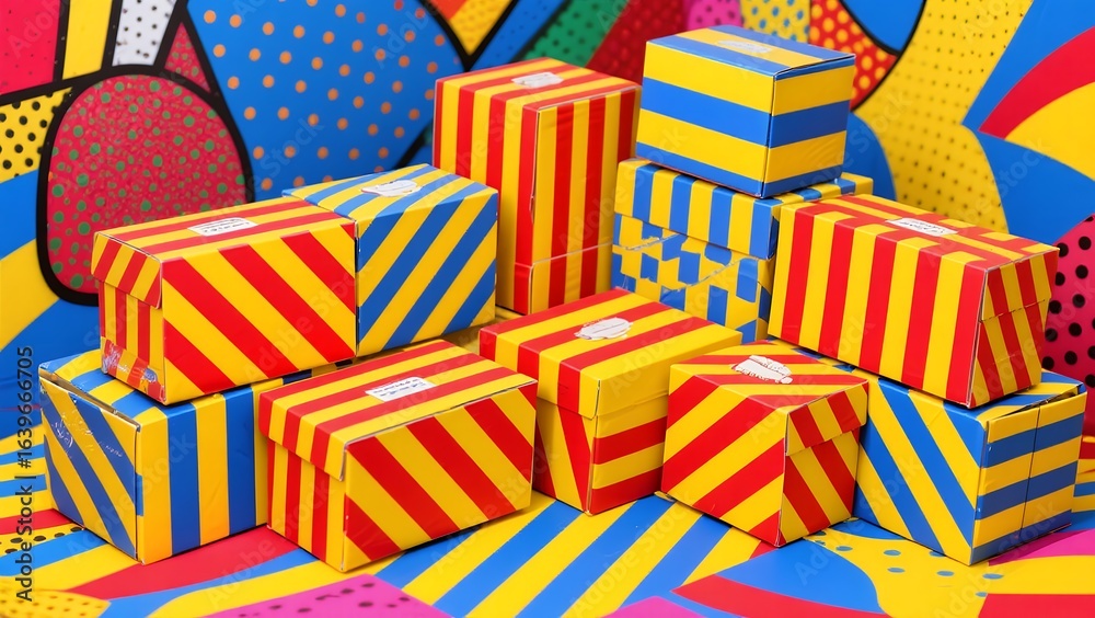 Obraz premium Colorful Gift Boxes with Striped Patterns in Bright Yellow Blue Red and Pink