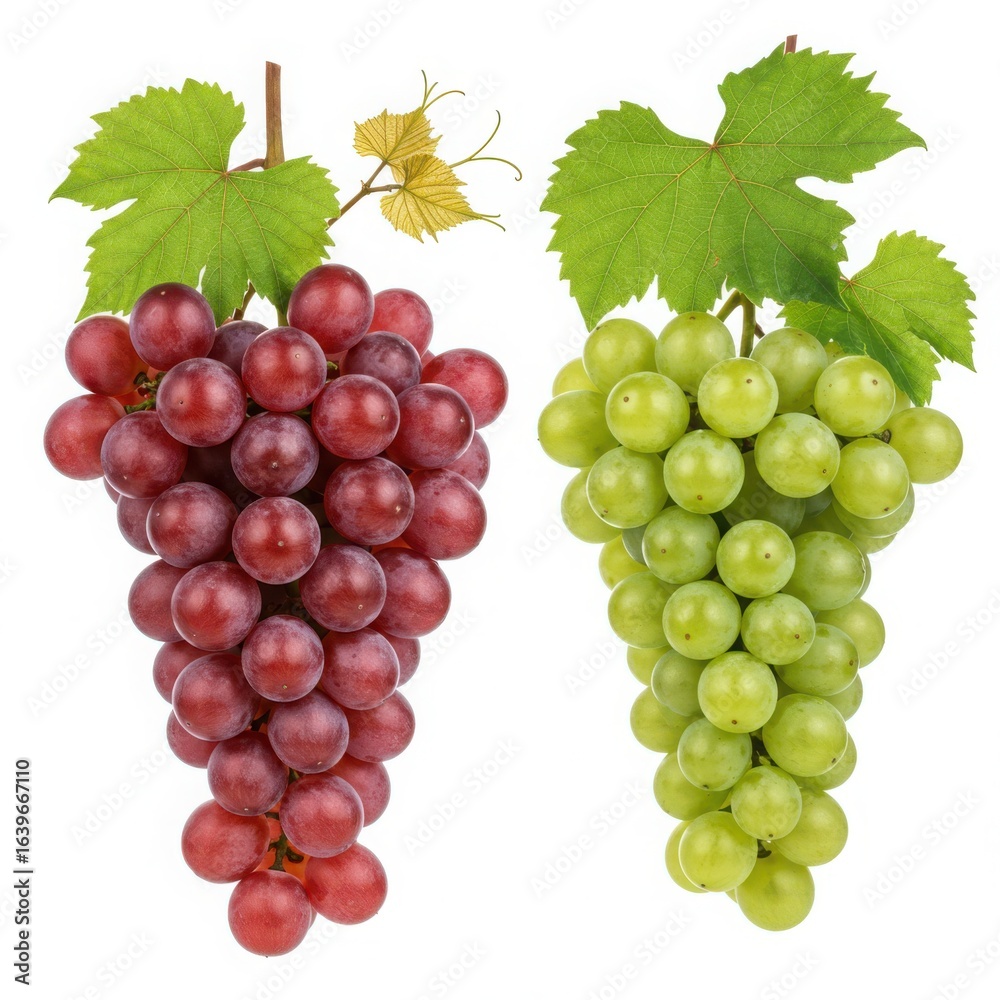 Fototapeta premium Two bunches of fresh red and green grapes with leaves