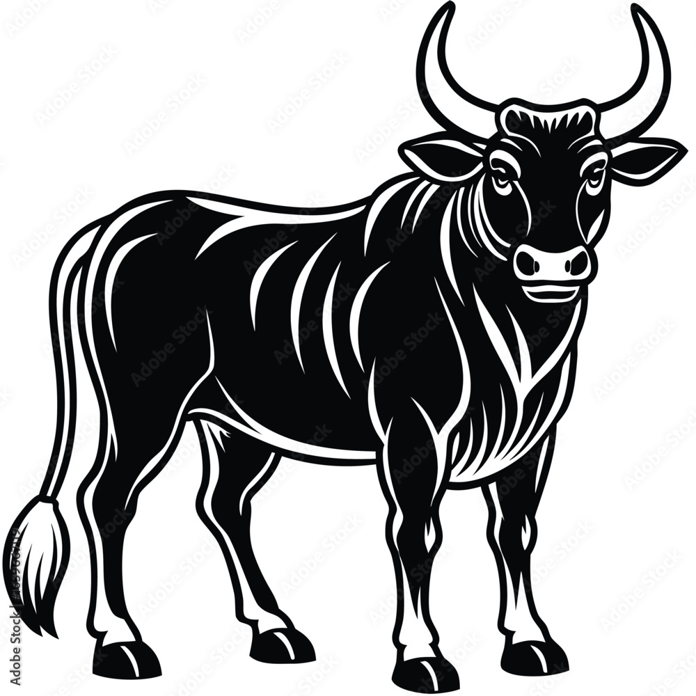 Fototapeta premium Vector art of black and white illustration of a bull with horns, isolated on white background