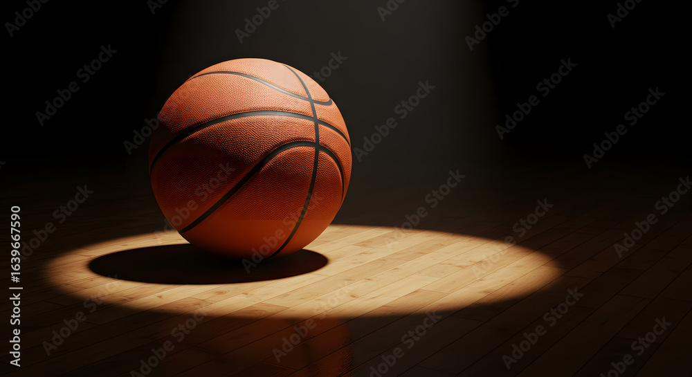 Obraz premium Basketball resting under dramatic spotlight on wooden court floor