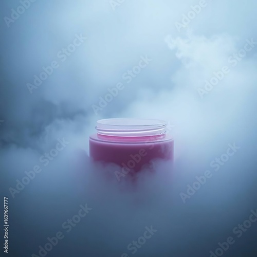 Pink cream jar with misty scene.