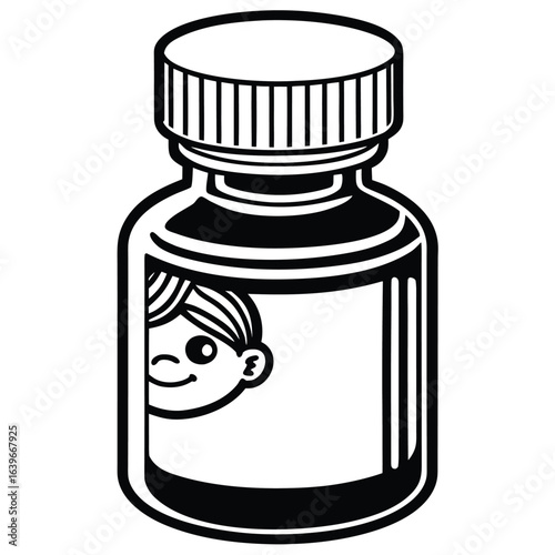 Illustration of a medicine bottle with a childs face on the label, isolated on white background