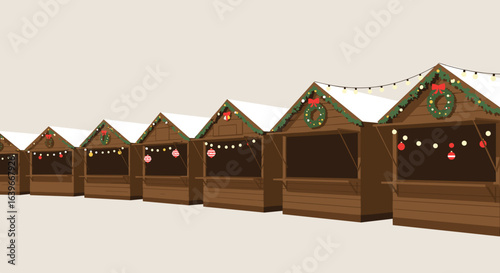 Festive christmas market stalls winter wonderland digital art cozy atmosphere aerial view holiday spirit. Vector illustration