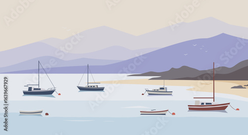 Sailing boats anchored at serene beach coastal landscape illustration tranquil environment scenic viewpoint. Vector illustration