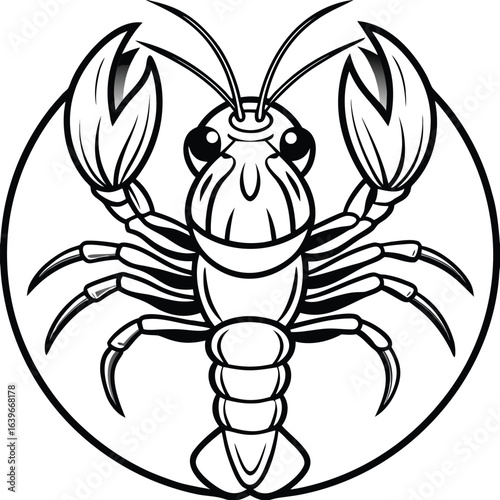 Vector art of lobster in a circular frame, featuring claws, tail, antennae, and legs, isolated on white background