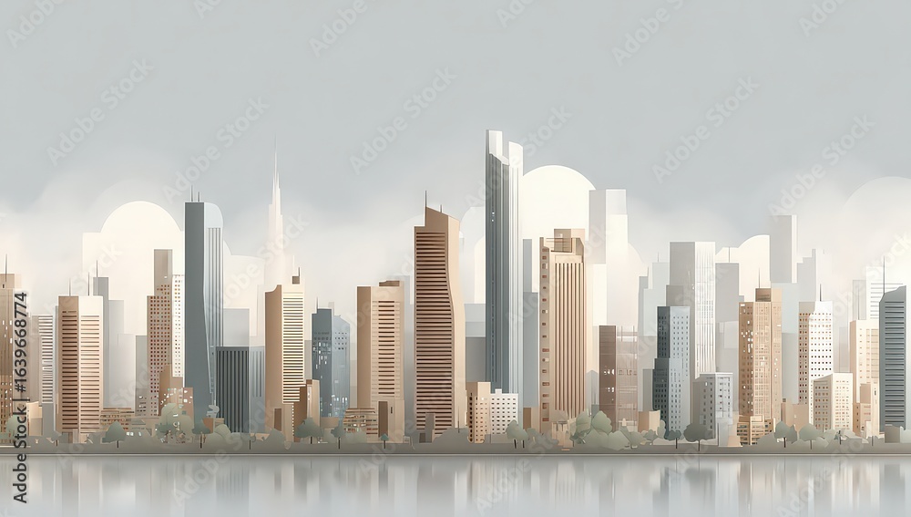 Fototapeta premium Modern Cityscape Panorama With Light Brown Beige Gray Buildings