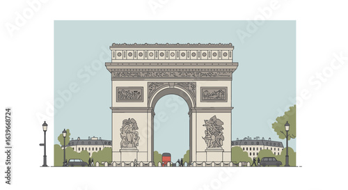 Exploring iconic architecture arc de triomphe paris digital illustration urban landscape front view historical significance. Vector illustration