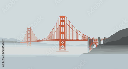 Aerial view of the golden gate bridge in fog san francisco stunning digital artwork architectural landscape ethereal atmosphere. Vector illustration