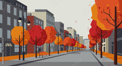 Autumn leaves fall on city streets urban environment digital illustration aesthetic viewpoint. Vector illustration
