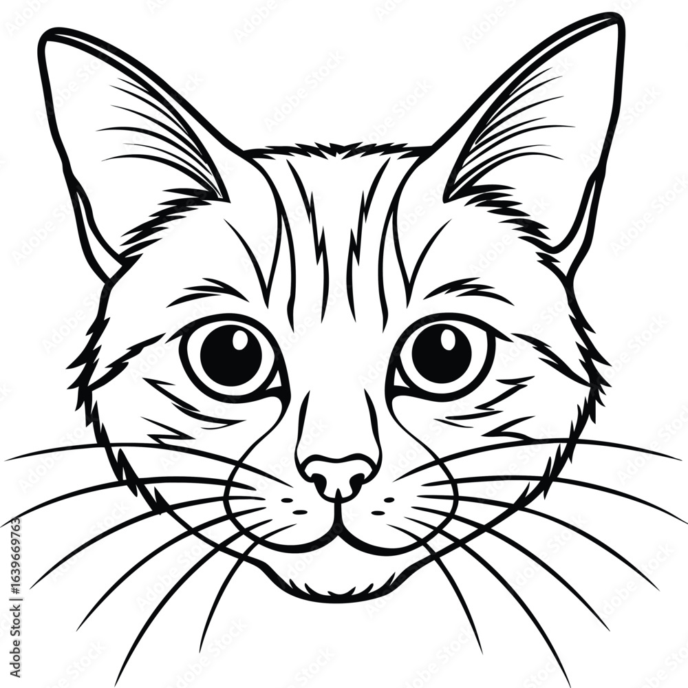 Obraz premium Vector art of closeup illustration of a cats face with prominent whiskers and striped markings, isolated on white background