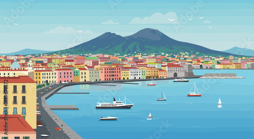 Vibrant harbor scene with mount vesuvius naples digital illustration coastal view travel inspiration. Vector illustration